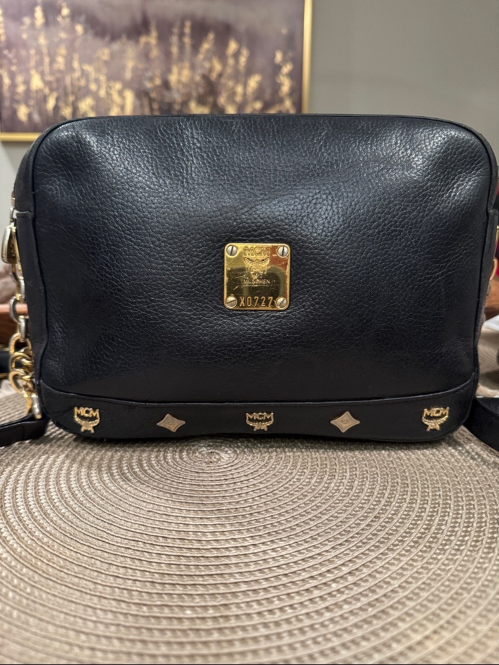 MCM Vintage Black Leather Crossbody Camera Bag with Gold Plaque